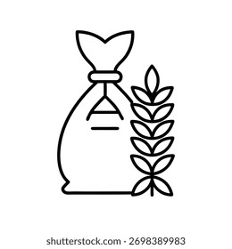 Saco de grãos com ilustração de haste de trigo em preto e branco - Ícone de arte de linha mínima para agricultura, agricultura e produção de alimentos