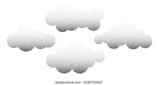 Padrão de textura de areia granulada. Fundo ondulado. Formas de círculo pontilhadas, pontos pretos, efeito granulado. Ilustração vetorial isolada em branco. Montanhas abstratas, nuvens, árvores.