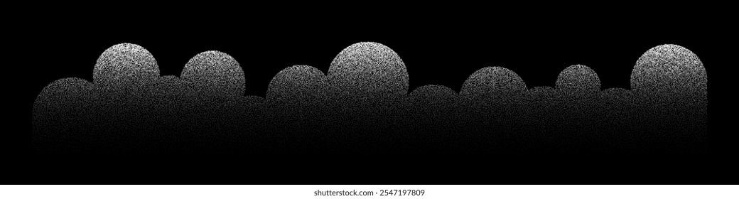 Grain sand texture pattern. Noise ripple background. Dot stipple circle shapes, black noise dotes, grainy effect. Vector illustration isolated on black. Abstract mountains, clouds, trees.