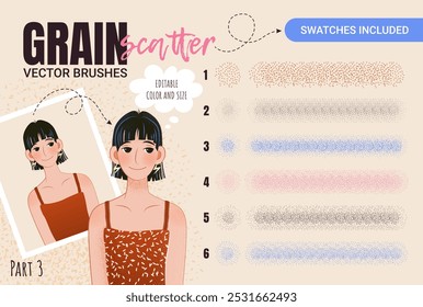 Grain scatter brushes. Set of abstract grunge strokes. Creative collection with noise effect, grainy texture, paint splash, halftone. Swatches included. Editable size and color. Vector design kit.