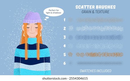 Grain scatter and texture vector brushes. Grunge strokes set. Collection with noise effect, grunge textures, paint splash, halftone. Design kit. Swatches included. Editable size and color.