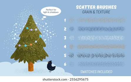 Grain scatter and texture vector brushes. Grunge strokes. Collection with noise effect, grunge textures, paint splashes for cozy illustrations. Design kit. Swatches included. Editable size and color.