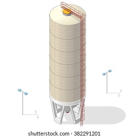 Grain silo isometric building info graphic, big ochre seed elevator on white background. Illustration of agriculture, farming, husbandry. Flatten isolated master vector.