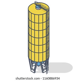 Grain silo, isometric building infographic, oulined yellow seed elevator on white background. Illustration set for article, agriculture, farming, husbandry. Flatten isolated master vector