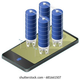 Grain silo isometric building in mobile phone, isometric. Blue seed elevator agriculture, farming, husbandry in communication technology paraphrase. Isolated vector illustration, white background.