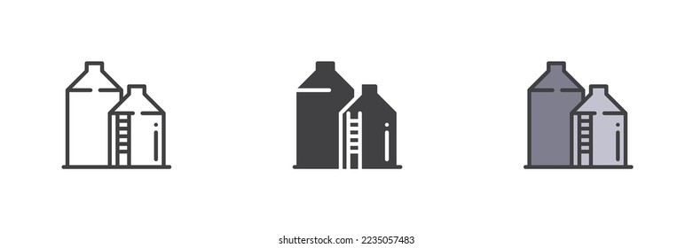 Juego de iconos de estilos diferentes para el depósito de silos de grano. Versión colorida de línea, glifo y contorno relleno, contorno de grano y signo vectorial relleno. Símbolo, ilustración del logotipo. Gráficos vectoriales