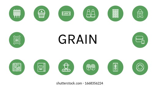 grain simple icons set. Contains such icons as Wheat, Fertilizer, Bread, Corn, Bagel, Sack, Agriculture, Farmer, Bun, Peanut, Seeds, can be used for web, mobile and logo