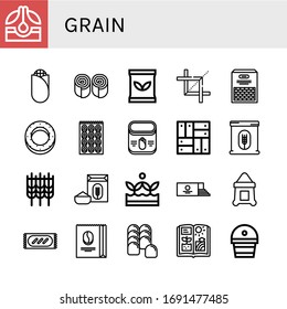 grain simple icons set. Contains such icons as Seed, Corn, Bun, Seed bag, Crop, Beans, Bagel, Parquet, Flour, Wheat, Crops, Loaf, Sack, Bread, can be used for web, mobile and logo