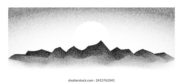 Grain stipple mountain range. Dotted landscape terrain silhouette. Black white grainy hills chain. Grunge noise stochastic background. Pointillism texture wallpaper. Vector dot work style illustration