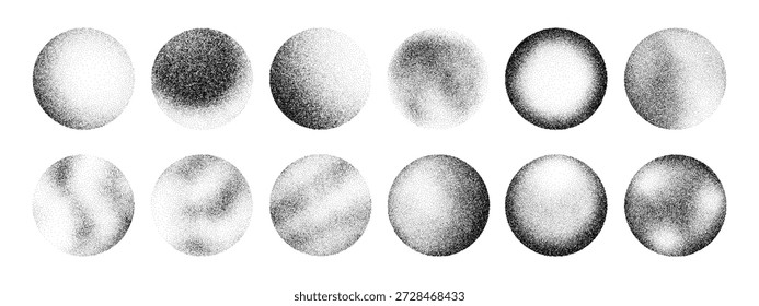 Esferas de textura de grano y punteado. Efecto semitono circular con patrón de ruido de puntos para Diseño gráfico, fondo abstracto o arte digital.