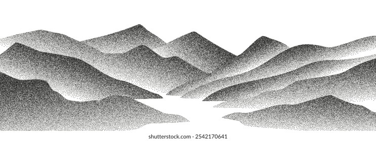 Grain stippled glacier or mountains snow landscape. Vector illustration black dotted particle terrain, stippling peak, icy rock or alpine silhouettes.