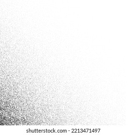 Grain stippled gradient. Faded stochastic dotwork texture. Random grunge noise background. Black dots, speckles or particles wallpaper. Halftone vector monochrome 