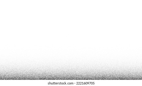 Grain stippled gradient. Faded stochastic dotwork texture. Random grunge noise background. Black dots, speckles or particles wallpaper. Halftone vector monochrome 