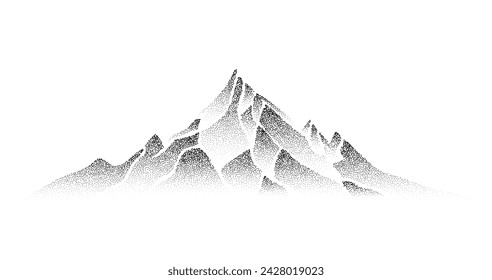 Grain stippled mountain peak illustration. Dotted landscape terrain silhouette. Black and white grainy hills. Grunge noise mount range background. Highland texture wallpaper. Dot work style vector