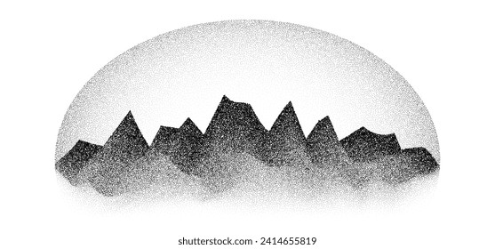 Grain stippled mountain range. Dotted landscape terrain silhouette. Black white grainy hill chain. Grunge noise stochastic background. Pointillism texture wallpaper. Vector dotwork style illustration