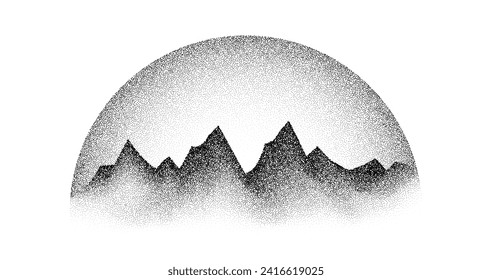 Getreidebesteifte Bergkette. Silhouette aus gepunktetem Landschaftsgelände. Schwarz-Weiß-Graukette. Grunge-Geräusch, strukturierter Hintergrund. Pointillismus Textur Tapete. Vektorgrau-Punktgrafik