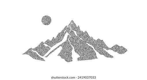 Getreidebesteifte Bergkette. Silhouette aus gepunktetem Landschaftsgelände. Schwarz-Weiß-Graukette. Grunge Landschaft Hintergrund. Bildschirmhintergrund für die Reittiere strukturiert. Vektorgrafik-Rauschpunktsanweisung