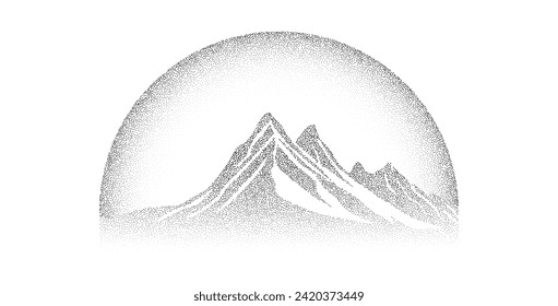 El grano asfixió la cordillera. Silueta de terreno paisajístico despuntado. Cadena negra de grava blanca. Fondo de paisajes ondulados. Papel de pantalla de montaje texturizado. Ilustración de estilo de trabajo de puntos de ruido de vector