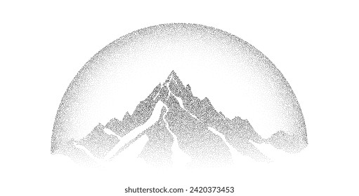 Grain stippled mountain range. Dotted landscape terrain silhouette. Black white grainy hill chain. Grunge horizontal background. Textured mount view wallpaper. Vector noise dot work style illustration