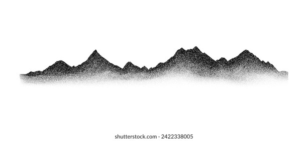 Grain stippled mountain range. Dotted landscape terrain silhouette. Black white grainy hill chain. Grunge noise mountain peak background. Dot work texture wallpaper. Vector scenery illustration