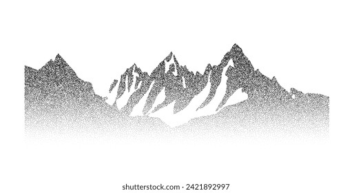 Grain stippled mountain range illustration. Dotted landscape terrain silhouette. Black white grainy hill chain. Grunge noise mount peak background. Pointillism texture wallpaper. Dot work style vector