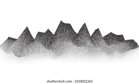 Grain stippled mountains. Dotted landscape and terrain. Black and white grainy hills in dotwork style. Noise stochastic background. Pointillism textured wallpaper. Grunge vector