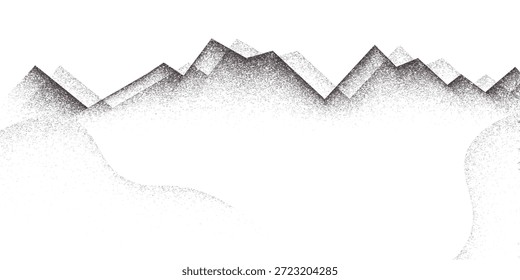 Montañas punteadas de granos. Paisaje punteado y terreno. Colinas granuladas en blanco y negro en estilo dotwork. Fondo estocástico del ruido. Puntillismo Fondo de pantalla texturizado. Vector Grunge