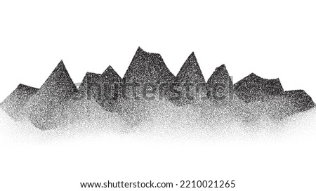 Grain stippled mountains. Dotted landscape and terrain. Black and white grainy hills in dotwork style. Noise stochastic background. Pointillism textured wallpaper. Grunge vector