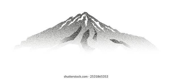 Paisaje de montañas punteadas de grano. Silueta de colina de terreno punteado. Cordillera granulada blanca negra . Ilustración vectorial de estilo de puntillismo de trabajo de puntos