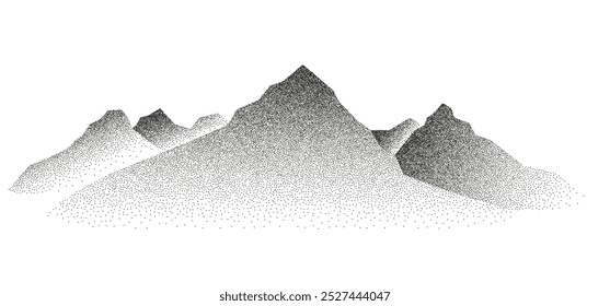 Grain stippled mountains landscape. Vector illustration in black dotted particle terrain, stippling peak, rock or pyramid, silhouettes.