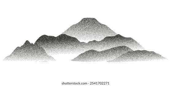 Paisaje de montañas punteadas de grano. Ilustración vectorial en terreno de partículas punteadas negras, pico punteado, siluetas de roca o volcán.