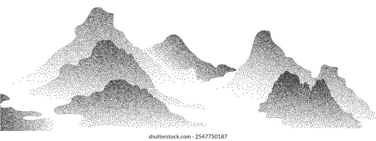 Grain stippled mountains landscape. Vector illustration in black dotted particle terrain, stippling peak, rock or volcano silhouettes.