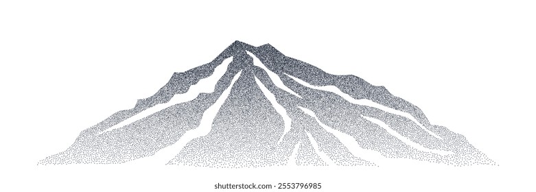 Grain stippled mountains landscape. Vector illustration in black dotted particle terrain, stippling peak, rock or pyramid, silhouettes.	