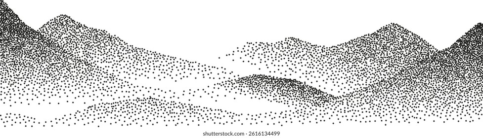 Grain stippled mountains landscape. Vector illustration in black dotted particle terrain, stippling peak, rock or pyramid, silhouettes.

