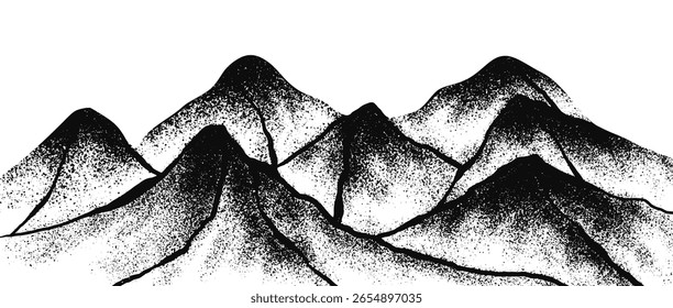 Grain stippled texture mountain range. Spray Painted mountain landscape. isolated on white background. use for print art, poster, cover, banner