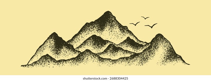 Cordillera de textura punteada de grano. Paisaje montañoso pintado en aerosol en estilo vintage. uso para el arte de la impresión, cartel, cubierta, Anuncio