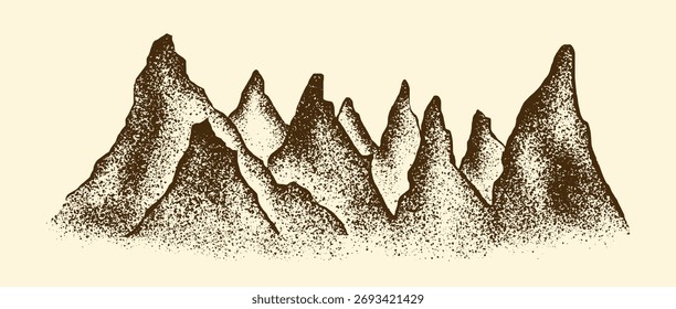 Grain stippled texture mountain range. Spray Painted mountain landscape on vintage style. use for print art, poster, cover, banner