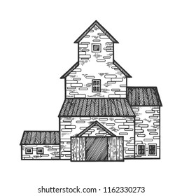 Grain storage building engraving vector illustration. Scratch board style imitation. Black and white hand drawn image.
