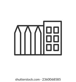 Almacenamiento de granos, icono lineal. Construcción industrial. Línea con trazo editable