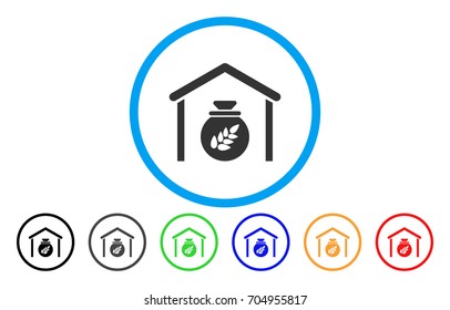 Grain Storage vector rounded icon. Image style is a flat gray icon symbol inside a blue circle. Bonus color variants are grey, black, blue, green, red, orange.