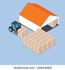 Grain, sugar, rice warehouse or storage 3d isometric vector illustration concept for banner, website, landing page, ads, flyer template