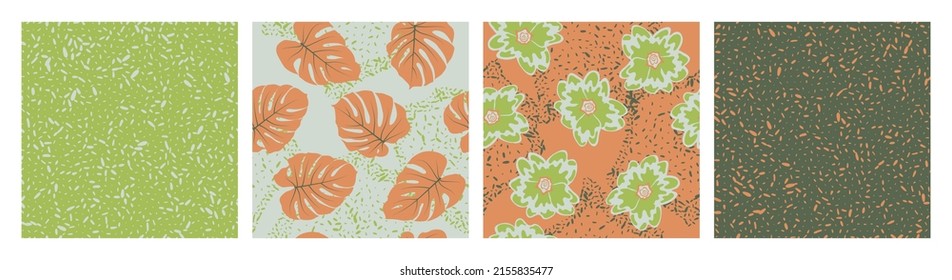 Grain texture and floral seamless pattern vector set. Summer design with primula and tropical monstera leaves. Bohemian patterns with grain texture, flowers, foliage. Wallpapers