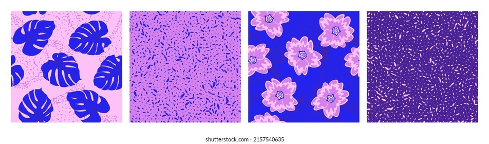 Grain texture and floral seamless pattern vector set. Botanical design of frangipani and jungle monstera leaves. Bohemian patterns with grain texture, flowers, foliage. Textile prints