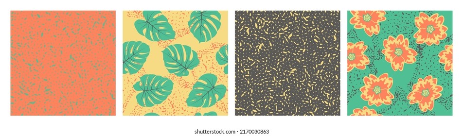 Textura de grano y conjunto de vectores de patrón sin costura floral. Diseño de verano con hojas de mostera primula y jungla. Colorido conjunto de patrones con textura de grano, flores, follaje. Fondos de escritorio