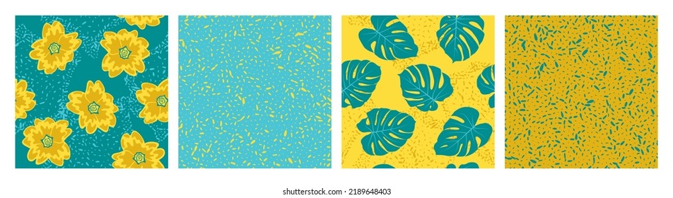 Grain texture and floral seamless pattern vector set. Summer design with primula and tropical monstera leaves. Hawaiian set of patterns with grain texture, flowers, foliage. Fabric prints