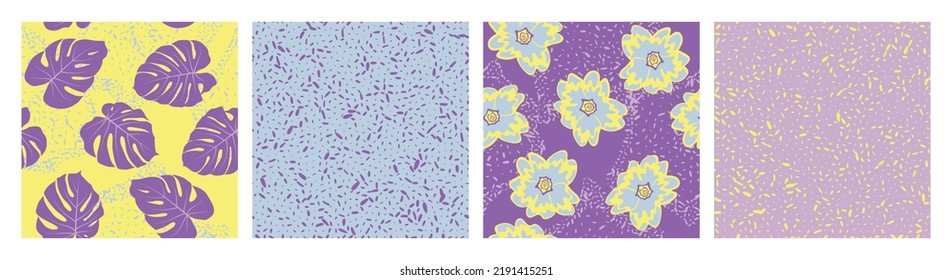Grain texture and floral seamless pattern vector set. Botanical design of frangipani and paradise monstera leaves. Hawaiian set of patterns with grain texture, flowers, foliage. Textile prints