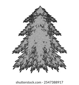 Weihnachtsbaum mit Kornstruktur in trendigem Halbton-Stipplismus-Effekt, einzeln auf weißem Hintergrund. Grunge Fotokopie Fichtenschablone Design. Stippende Vektorgrafik. EPS 10