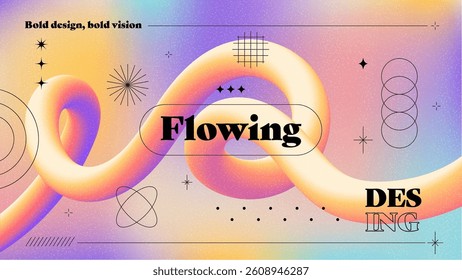 Grain textured cool gradient background with geometric shapes. Fluid holographic gradient poster for wall art or social media cover. Modern wallpaper design template, brutalism inspired. Vector