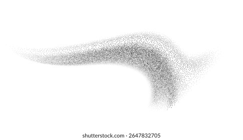 Grain textured wavy shape. Gradient abstract black noise element. Fluid stipple, halftone splatter, dotwork. Isolated on white background. Vector illustration.