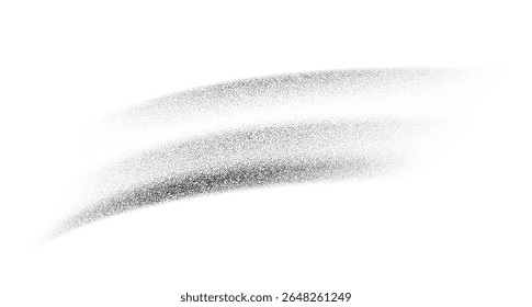 Grain textured wavy shape. Gradient abstract black noise element. Fluid stipple, halftone splatter, dotwork. Isolated on white background. Vector illustration.